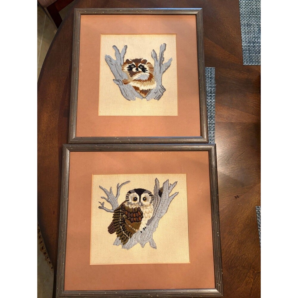 Vintage 77 Raccoon And Owl Crewel Yarn Decor Framed Burlap Wall Art Set Of 2